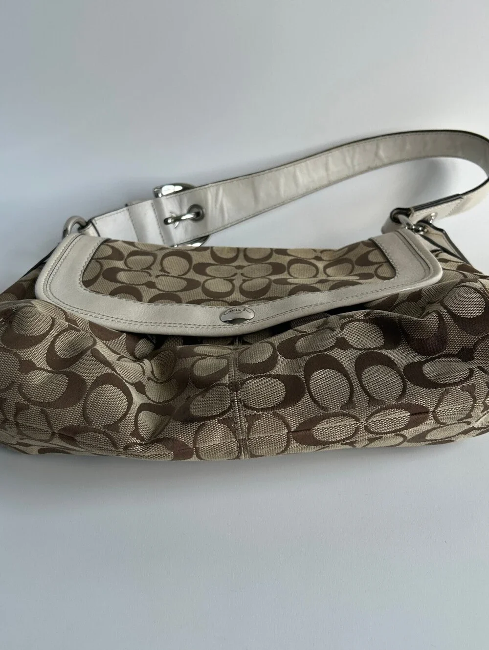Coach Soho Signature Flap Shoulder Bag Khaki Canvas White Leather Trim
